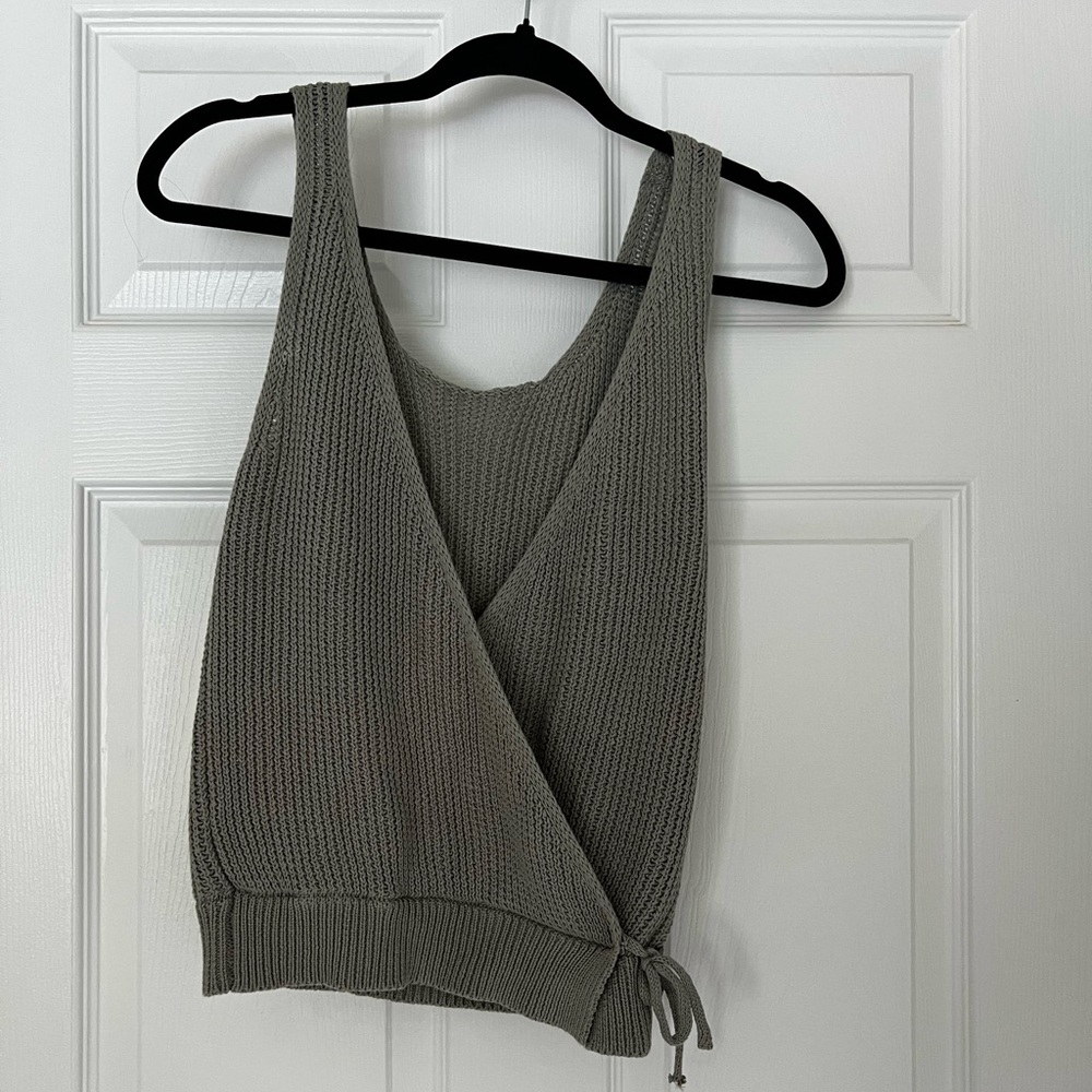 Grey/green deep v tank top with tie